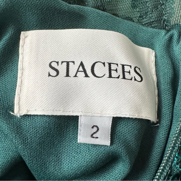 STACEES Dark Green Floral Sheer Corset Sequin Mini Spaghetti Strap Dress Sz 2 - Picture 11 of 16